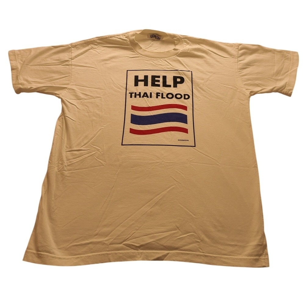 Vintage Domon Product of Rope‎ Help Thai Flood Graphic T-Shirt Cream Mens L